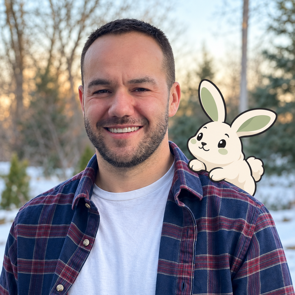 D.R. Lensing smiling outdoors with the illustrated Hop rabbit on his shoulder.