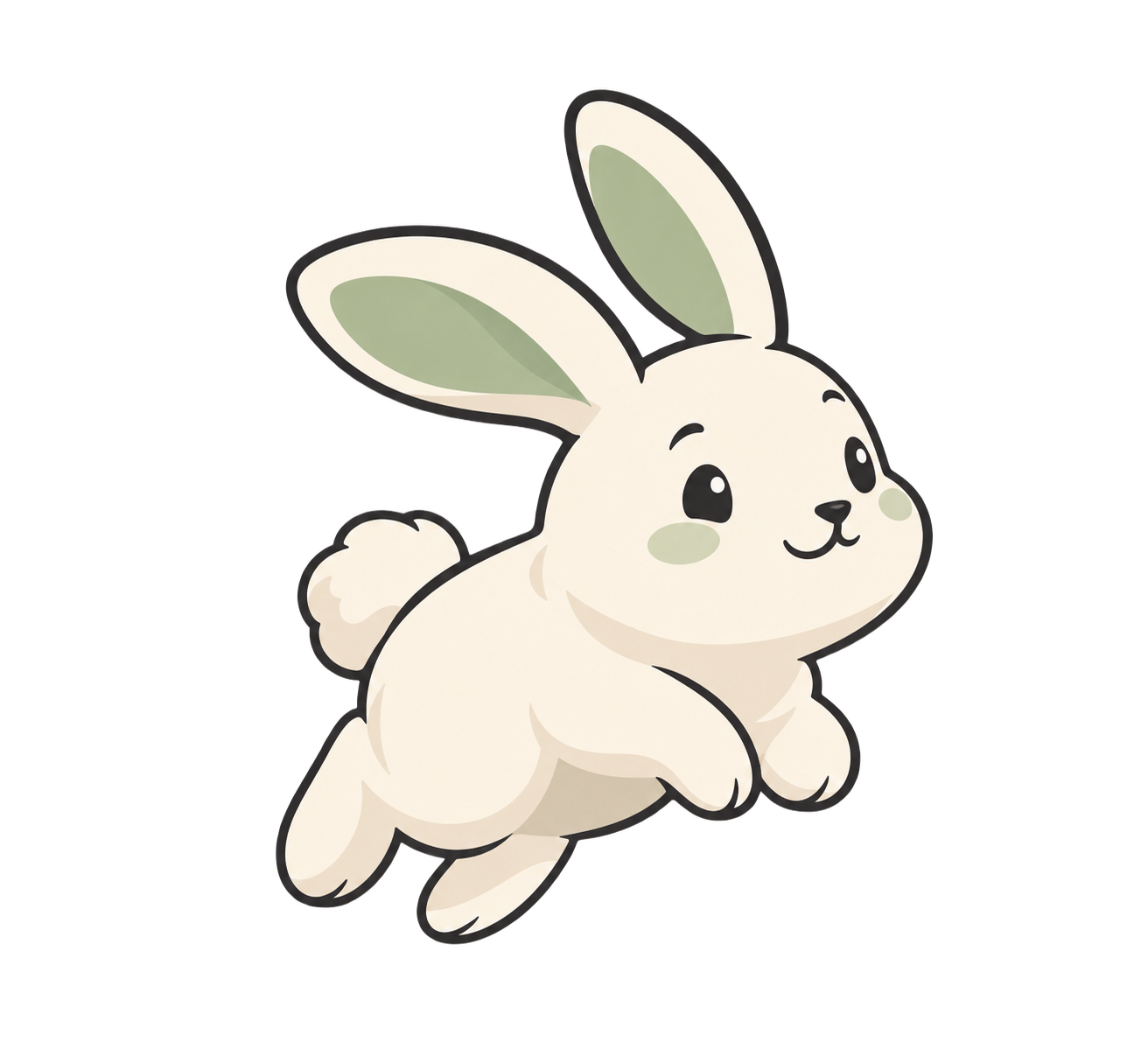 Hop, a cream rabbit with sage-green ears, leaping forward.